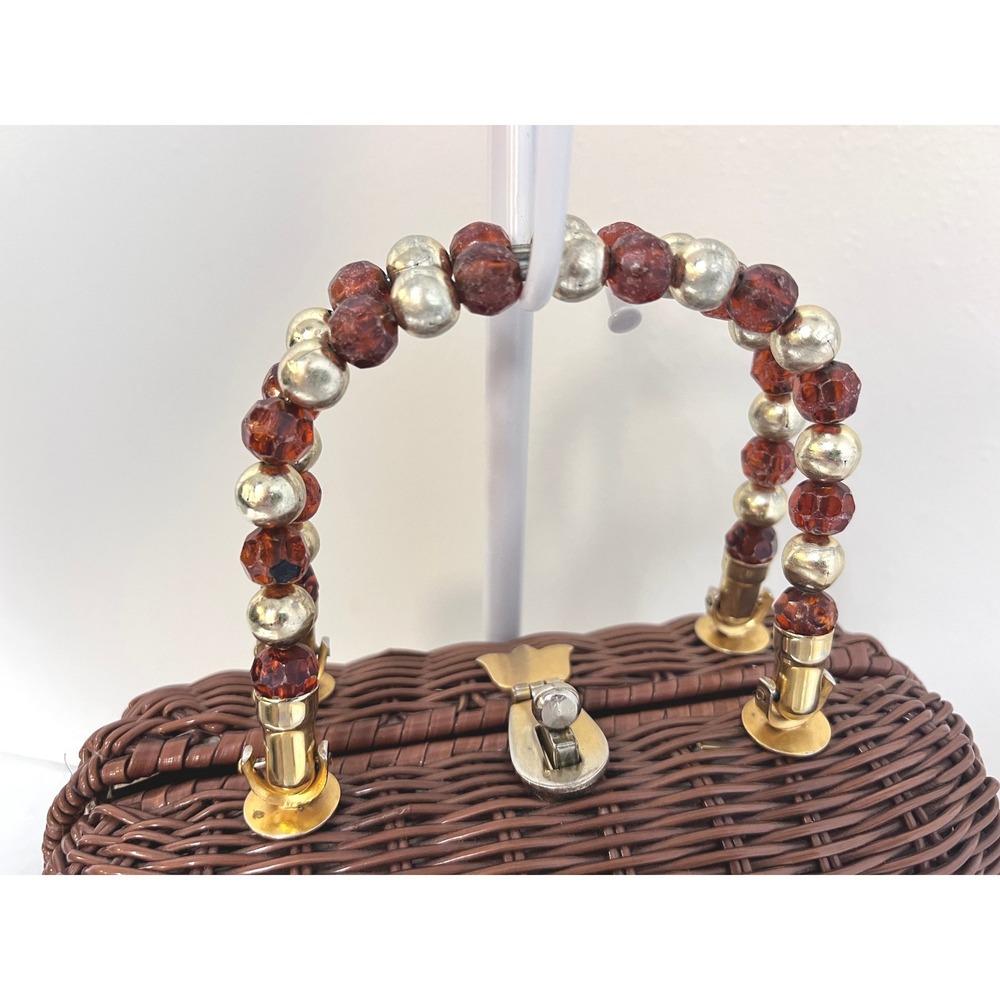Walborg Wicker Handbag Women Small Brown Good Vintage Beaded Handle Rhinestone - Picture 3 of 12